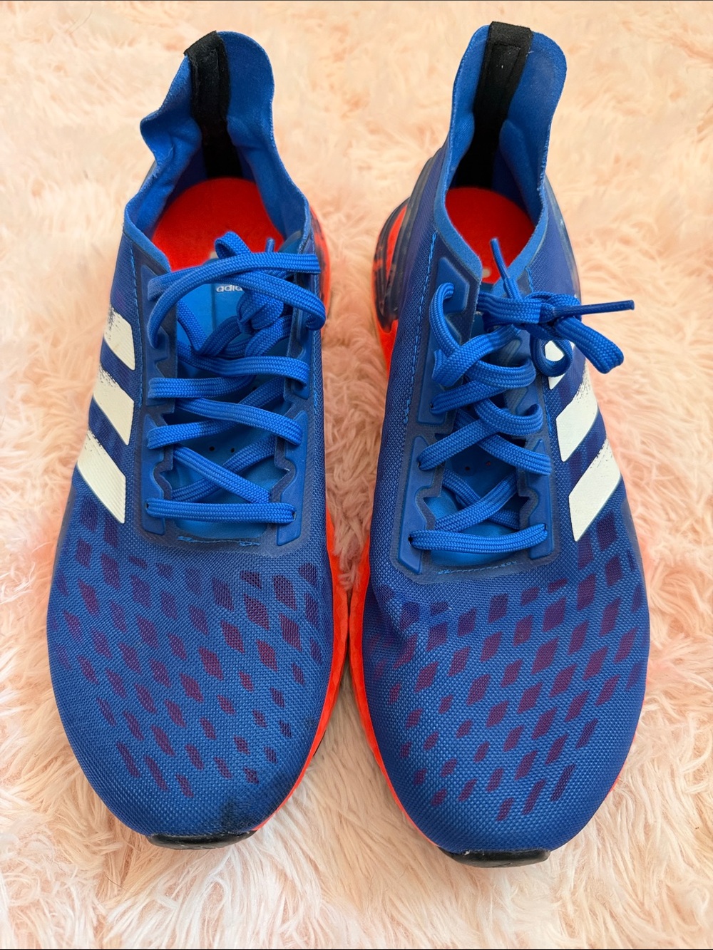 adidas Kids Blue Sneakers with White Stripes and Orange Soles